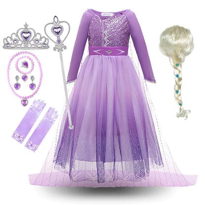 2026 Princess Girl Dress Snow Queen Halloween Cosplay Elsa Party Purple Costume Role Play Clothes Children Outfit Dress