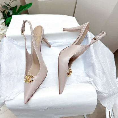 Thin heeled Baotou sandals for women's summer 2026 new style, pointed back strap, metal buckle, versatile high-heeled sandals