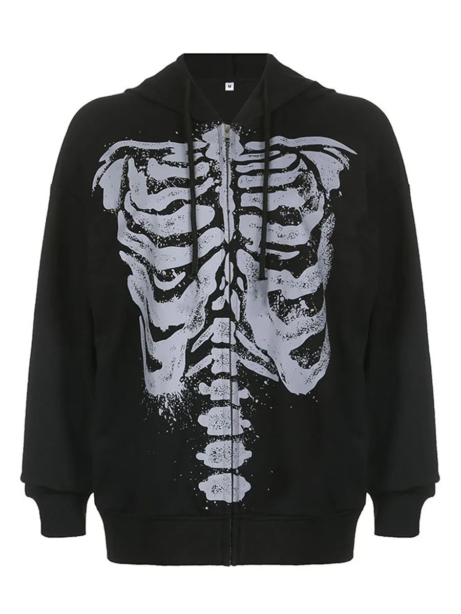 Halloween Women Spring Autumn Casual Hooded Coat Long Sleeve Skull Print Zipper Hoodie Grunge Long Sleeve Top Gothic Sweatshirt