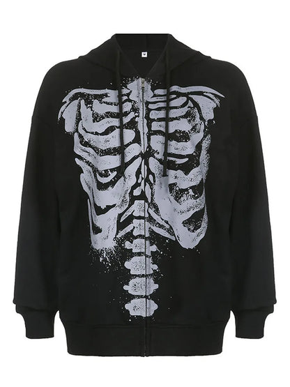 Halloween Women Spring Autumn Casual Hooded Coat Long Sleeve Skull Print Zipper Hoodie Grunge Long Sleeve Top Gothic Sweatshirt
