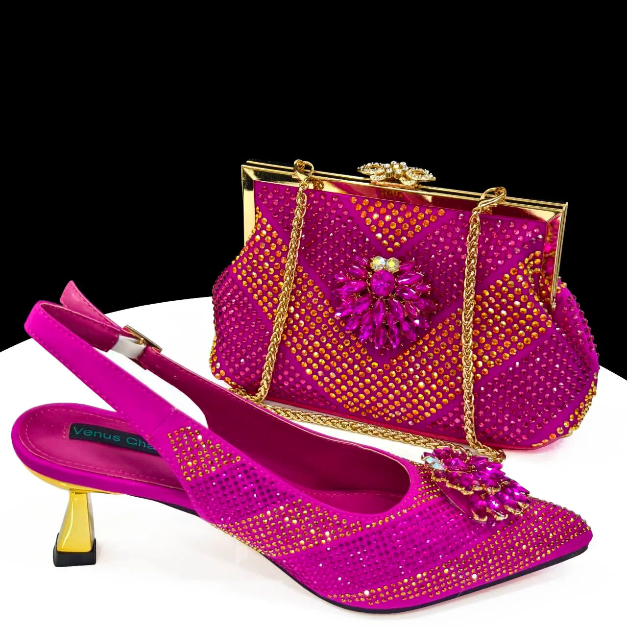 Italian Design Rhinestone Luxury Wine Colour Pointed Toe Shoe & Bag Set Women's High Heels for Parties