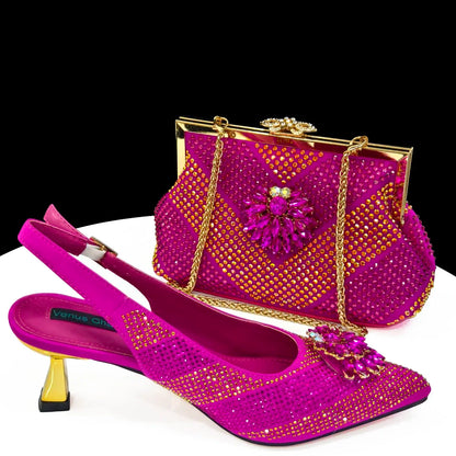 Italian Design Rhinestone Luxury Wine Colour Pointed Toe Shoe & Bag Set Women's High Heels for Parties