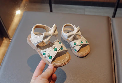 Baby Girls Leather Sandals Princess Sweet Kids Beach Sandals Summer New Children Toddlers Bow Sandals Embroidery Fruit Fashion