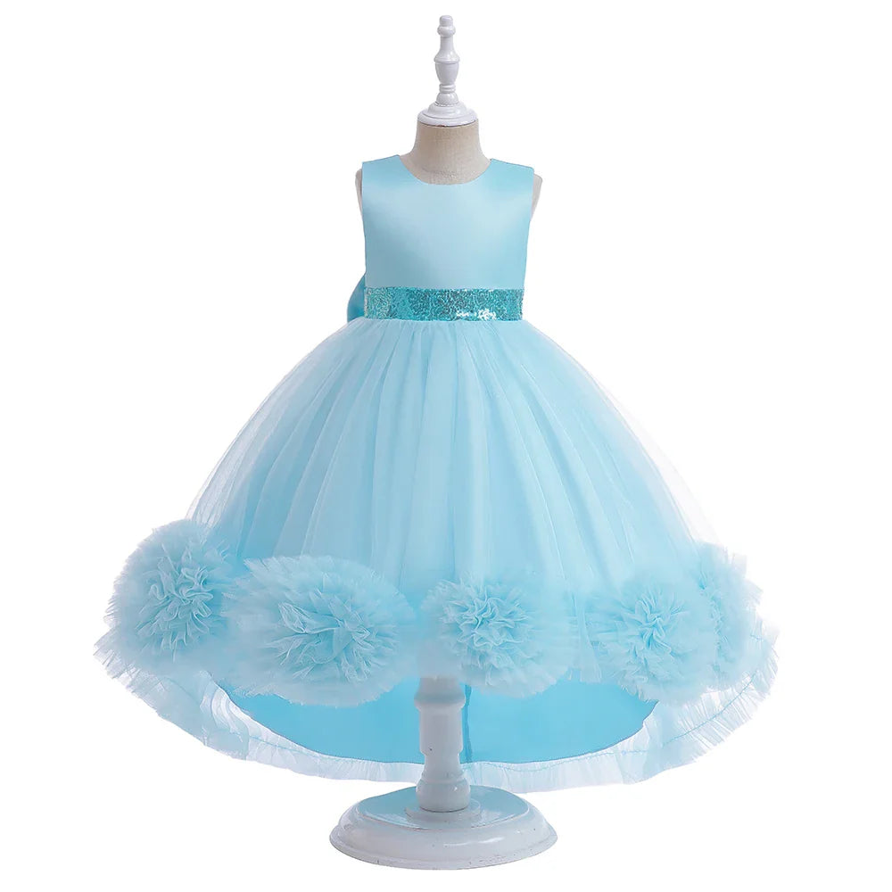 Elegant Trailing Flower Party Girls Dress Summer Wedding Bridesmaid Princess Prom Dress Girl Tull Bow Birthday Evening Ball Gown