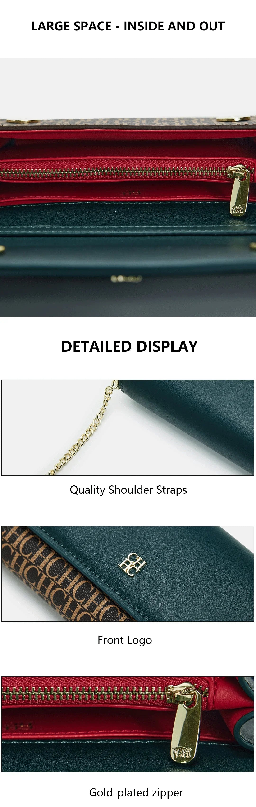 Bolsa de Ombro Feminina de Grife CH Elegante de Alta Qualidade com Estampa de Letras
