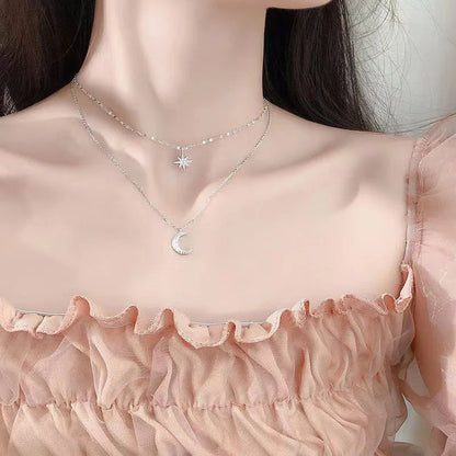 925 Silver Necklace for Women Double Layer Zircon Star Moon Pendant Necklace Delicate Chain Charm Elegant Fashion Jewelry Gifts