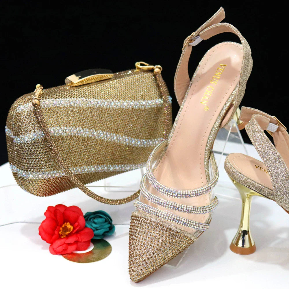 Newest INS Style Orange Color Elegant High Heels Nigeria Popular Design African Ladies Shoes And Bag Set