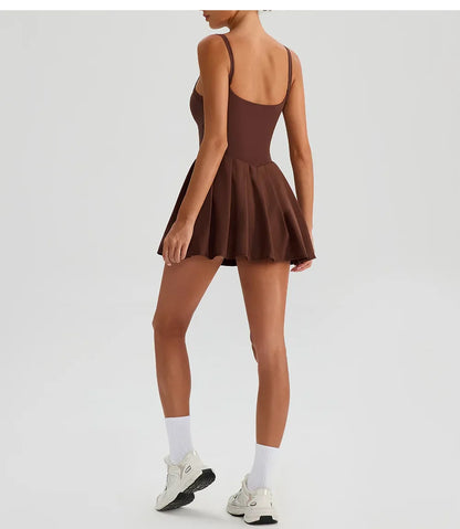 Women's Summer Sleeveless Sports Dress Breathable Tennis Dress One-Piece Mini Skirt Golf Skirts Jumpsuit With Pockets