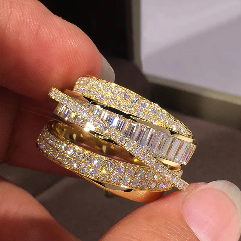 Gold Color Rings Gorgeous Women Wedding Accessories Full Sparkling Cubic Zirconia Party Luxury Trendy Jewelry