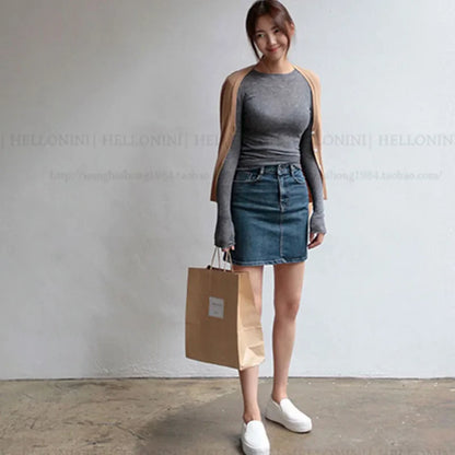 Plain T Shirt Women Cotton Elastic Basic T-shirts Female Casual Tops Long Sleeve Sexy Thin T-shirt see through