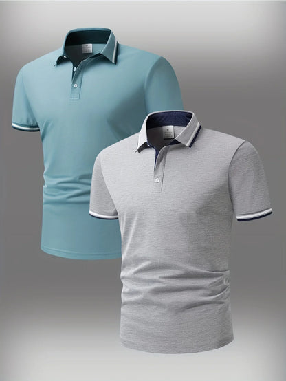 2pcs Men's Short-Sleeve Shirts with Contrast Collars - Lightweight Polyester, Pastel Blue & Pink, Turn- Collar, Button Closure,