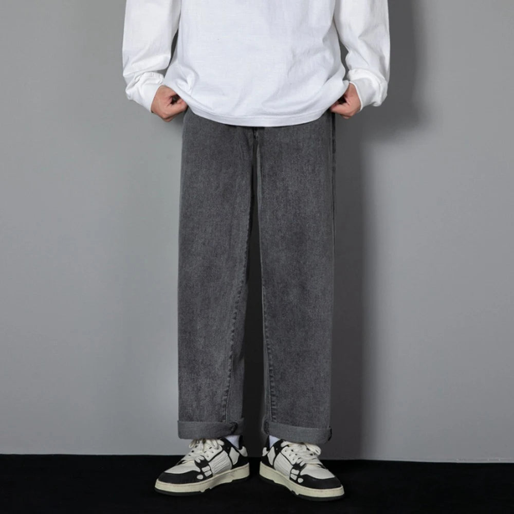 Korean Solid Colors Men's Casual Long Jeans Classic Man Four Seasons Straight Denim Wide-leg Pants Light Blue Grey Black 3XL