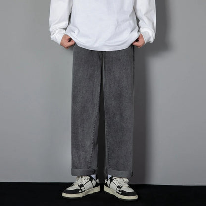 Korean Solid Colors Men's Casual Long Jeans Classic Man Four Seasons Straight Denim Wide-leg Pants Light Blue Grey Black 3XL