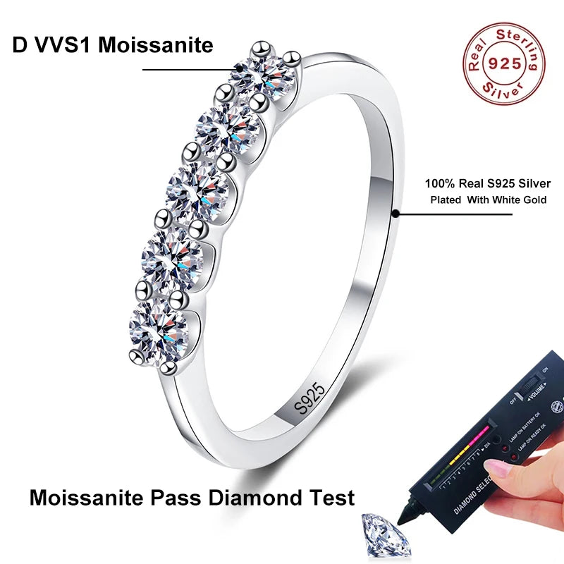 Full 3mm Moissanite Ring for Women S925 Sterling Silver Rings with White Gold Plated 5 Stone Lab Diamond Wedding Band