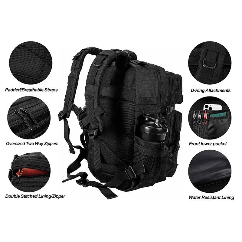 45L/35L/25L Tactical Backpack for Men and Women Waterproof Athlete Gym Outdoor Bag Travel Hiking Rucksack with Bottle Holder