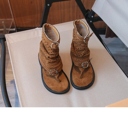 Ankle-strap Summer Slouchy Boots for Girls Suede Leather High-top Sandals Princess Cut-outs Flip Flop Dress Shoes Child J03203