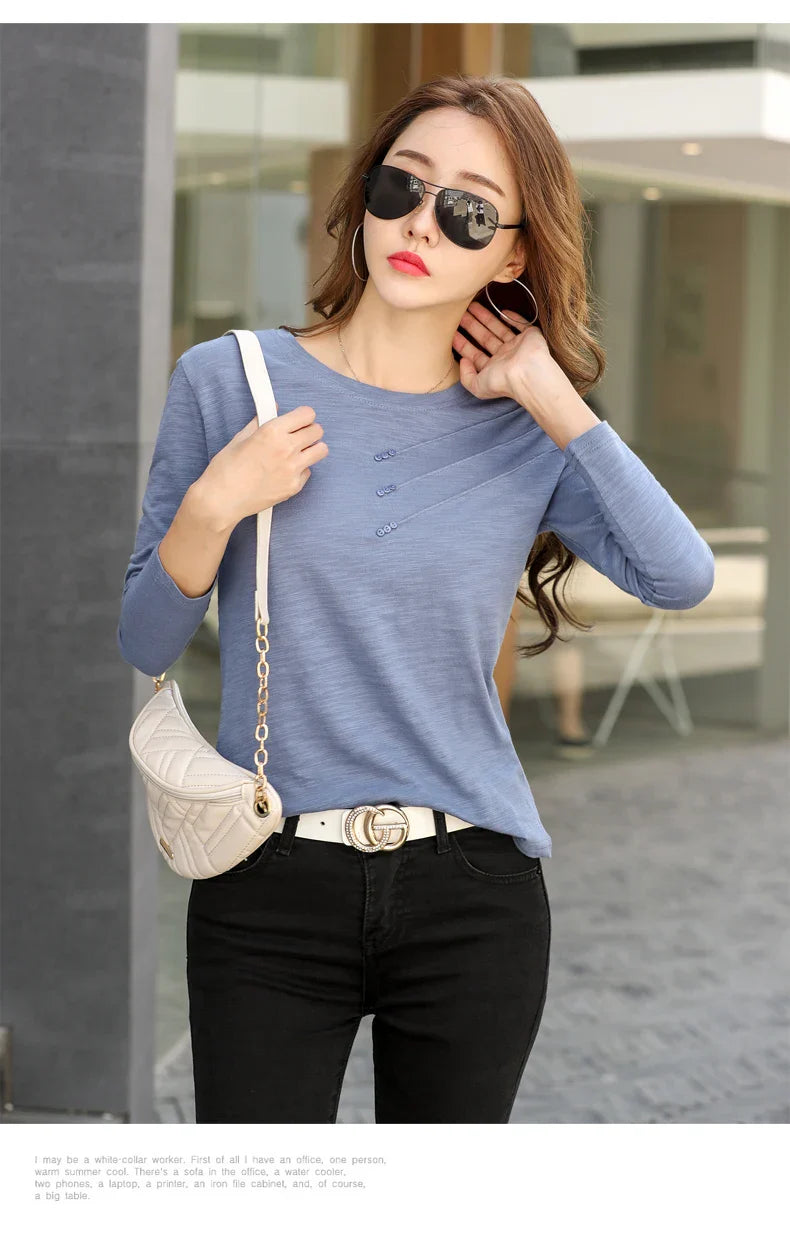 Summer Women Ribbed Cotton Tee-Shirts Female Button Loose Casual Fashion T-shirts 2026 Long Sleeve O-Neck Korea Tops