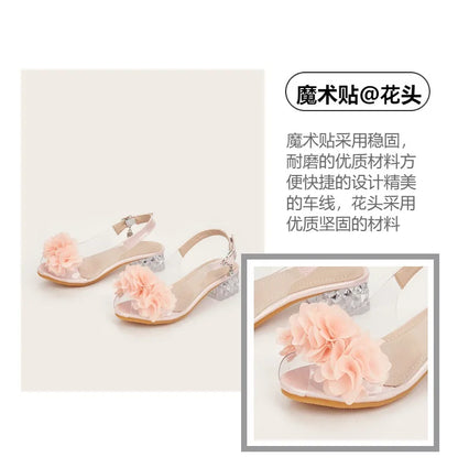 2025 New Fashion Flower Girl Princess Sandals Summer Fish Mouth Transparent Thick Heel Open Toe Children's Sandals High Heels