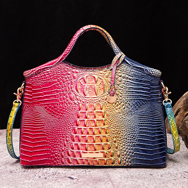 crocodile pattern colorful solid color high-end retro women's handbag
