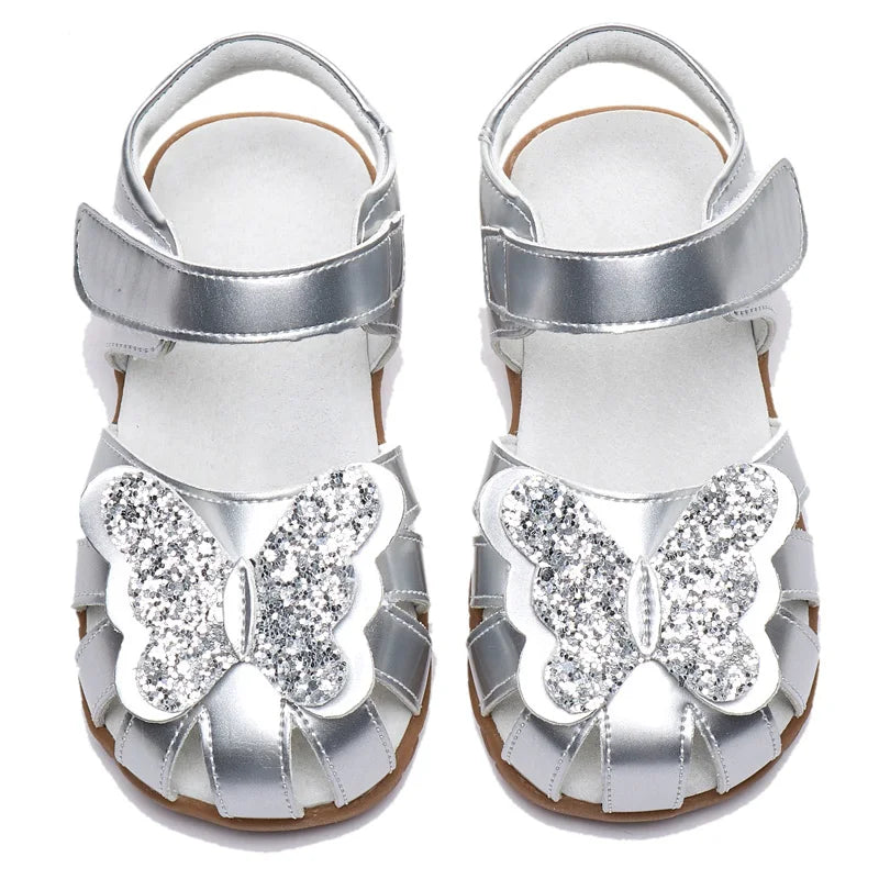 Leather sparkling butterfly Girls flat Sandals closed toe little kids girls summer shoes