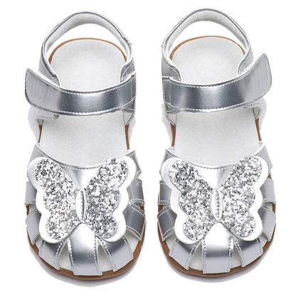 Leather sparkling butterfly Girls flat Sandals closed toe little kids girls summer shoes