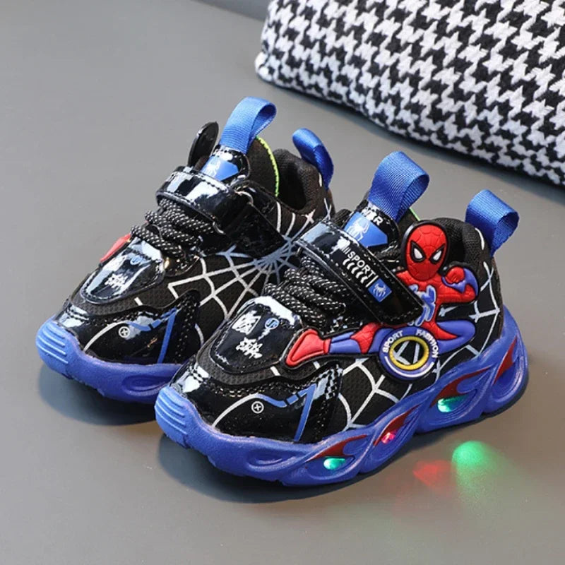 Disney Children's Sneakers Boys Cartoon Spiderman Led Light Sport Shoes Student Shoes Hook Anti-slip Kids Outdoor Shoes