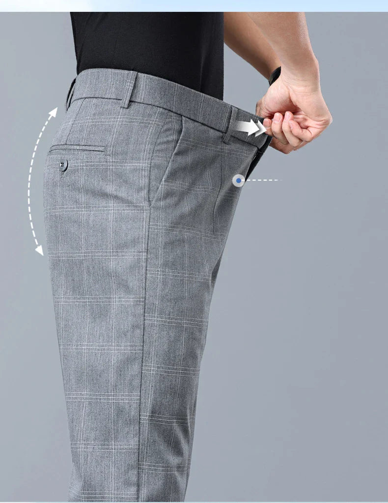 Summer Thin Plaid Formal Stretch Pants Men Slim Business Grey Black Casual Pant Fashion Male Clothing England Trousers