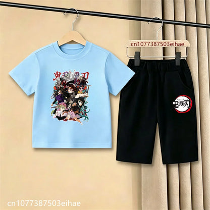 Demon Slayer Ghost Blade Character Print Kids T-Shirt Casual Shorts Anime Comic Design Summer Comfortable Daily Wear Outfit Set