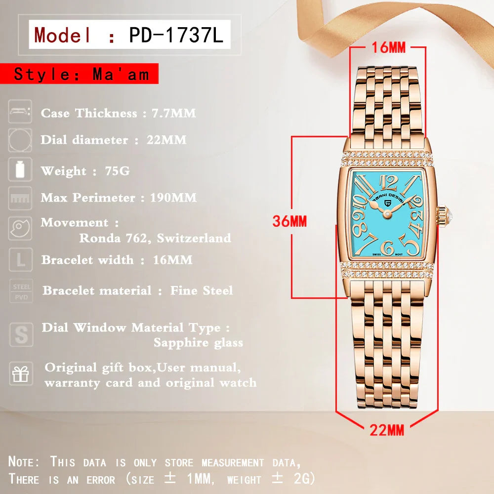New 22mm Square Women's Quartz Watch Stainless Steel Sapphire Glass 50m Waterproof Women's Quartz Watch