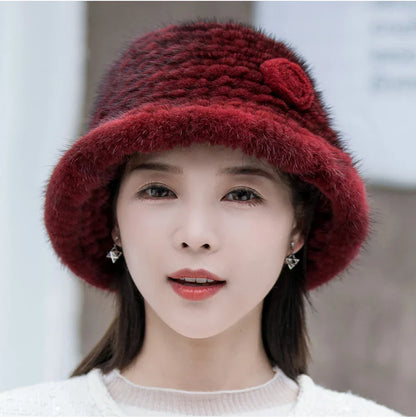 Woman Hat Winter Solid Mink Caps With Flower Natural Mink Fur Hats New Russian Girl Soft Knitting Real Fur Bucket Hats 2026 Warm