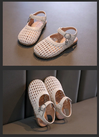 2026 Summer New Girls Woven Princess Shoes Cute Soft Sole Closed Toe Sandals Korean Style Kids Beach Shoes