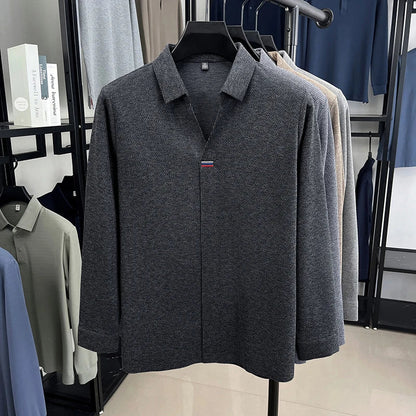 High end brand men's long sleeve V-neck polo shirt autumn fashion new striped embroidery design boutique golf top casual T-shirt
