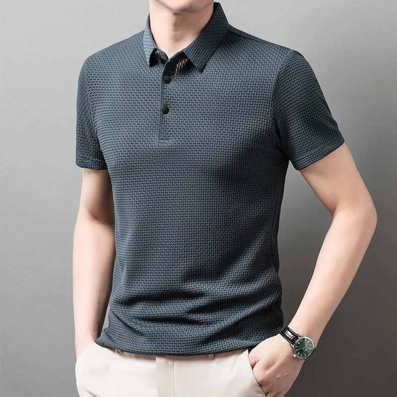 Men's Business Polos Casual Short Sleeved Bone Flower Solid Color POLO Shirt Fashion Breathable Comfortable Summer Versatile Top