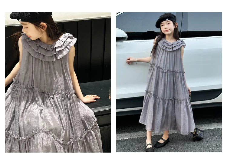 Vestido infantil feminino vestido de verão infantil vestido estilo coreano vestido de princesa vestido de verão doce sem mangas para crianças grandes