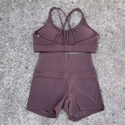 2 Piece Yoga Shorts Set Gym Sports Set Women Workout Outfit Fitness Suit Cross Straps Bra High Waist Shorts Running Tracksuit