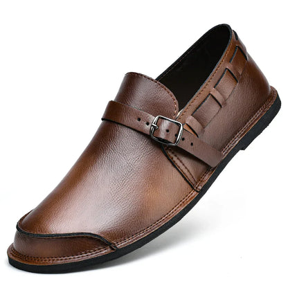 Sapatos Masculinos de Couro com Bico Largo e Sem Cadarço, Flats Casuais Minimalistas Antiderrapantes Primavera Verão Outono