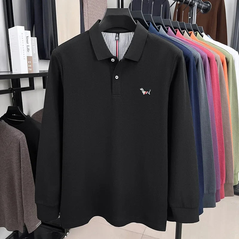 100% pure cotton autumn high-end luxury men's brand long sleeved polo shirt original embroidered dog design golf top T-shirt