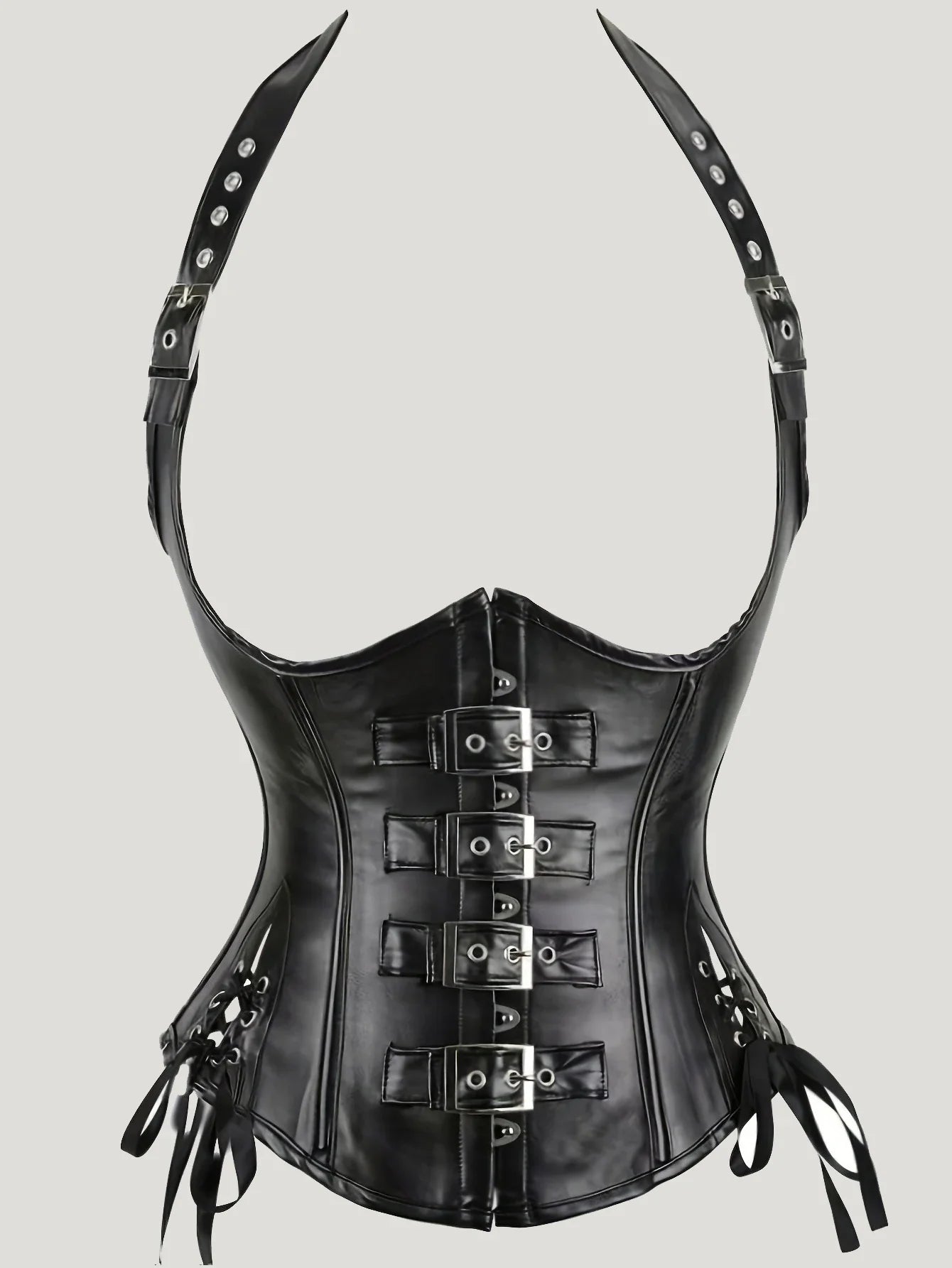 PU Leather Corset Sexy Steampunk Corset Top Halter Corselet Shapewear Women Tummy Control Bustier Lace Up Halloween Costume