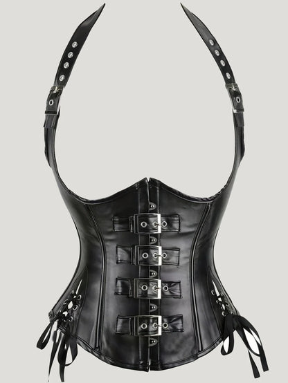 PU Leather Corset Sexy Steampunk Corset Top Halter Corselet Shapewear Women Tummy Control Bustier Lace Up Halloween Costume