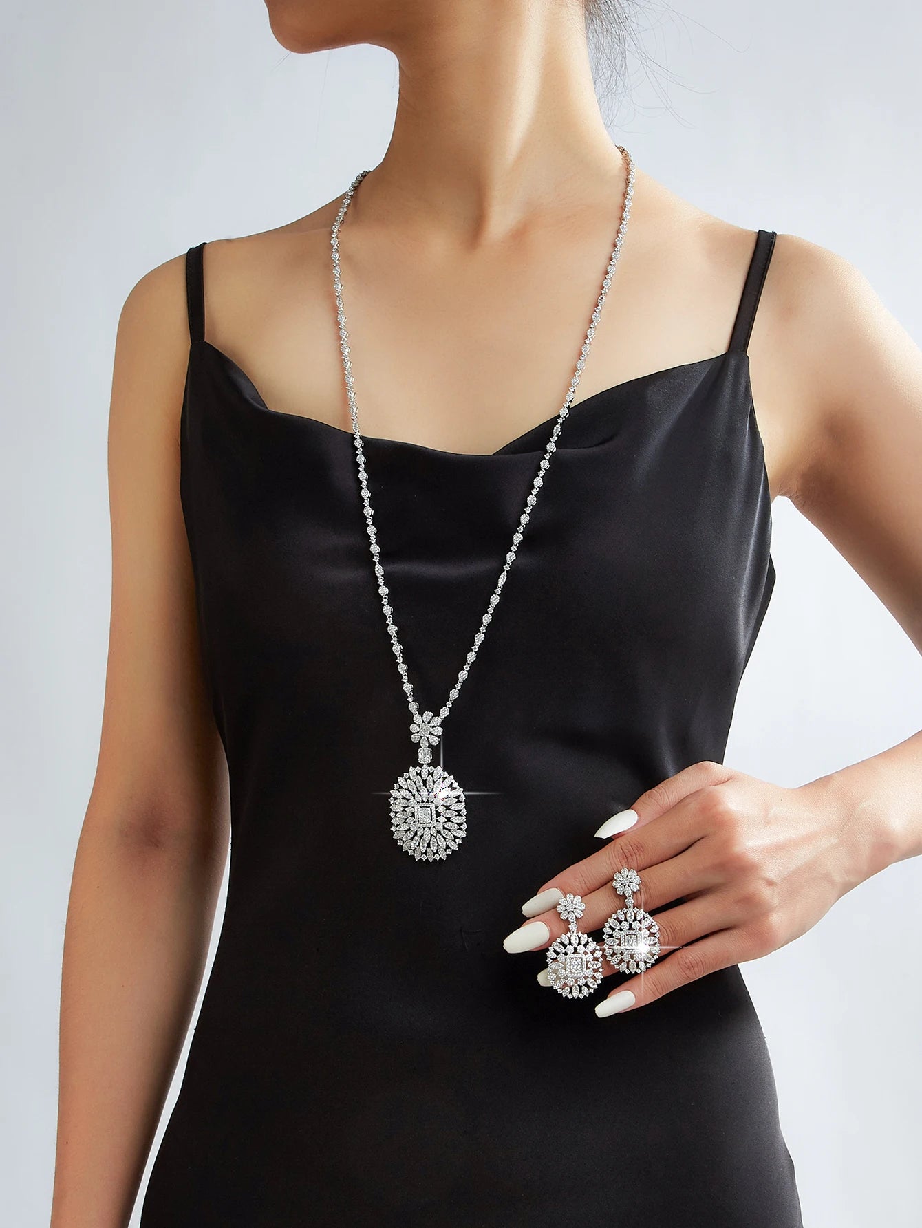 Long Sweater Chain Tassel Necklace Earring Set for Women Luxury Cubic Zirconia Bridal Jewelry Set Wedding Accessorie