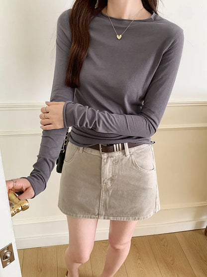 2024 Spring Autumn T shirt Women Tops Solid Slim Fit Long Sleeve O Neck Tshirts Female Casual Streetwear High Quality Base Tees