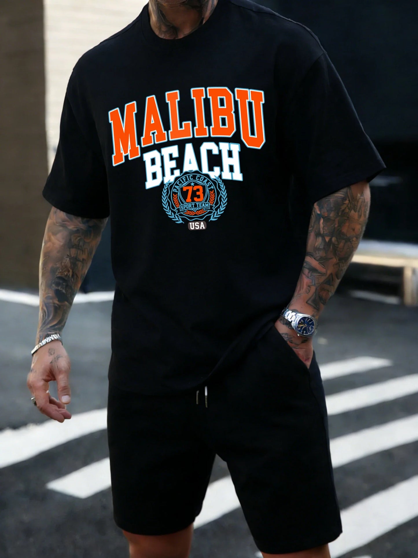 Malibu Beach 73 Usa Printing T-Shirt Mens Cotton T Shirts O-Neck Summer Basics Clothes Casual Trendy All-Match Short Sleeve