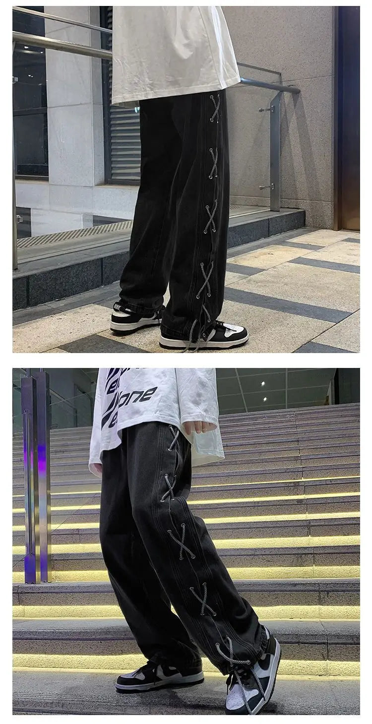 Streetwear Y2k Jeans Pants Lace Up Baggy Black Jeans Man Pants Designer Clothes Side Split 2023 Korean Fashion New
