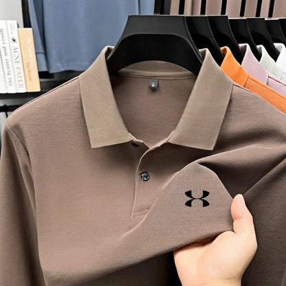 Men's brand polo shirt letter printed long sleeved top spring new 100% cotton casual sports breathable lapel fashionable T-shirt