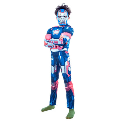 Kids Superhero Muscle Costume Blue Iron Man Jumpsuit with Mask Halloween Party Cosplay Performance Outfit Comfortable Breathable