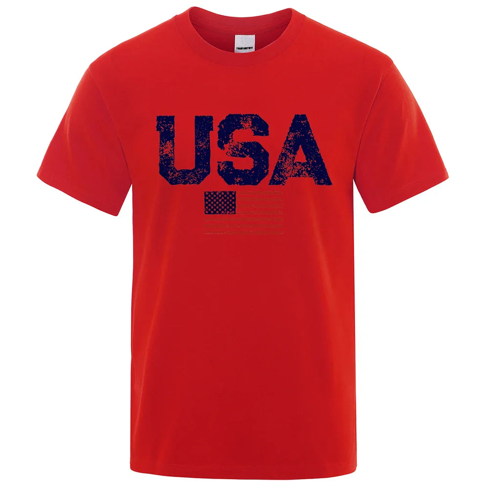Vintage USA American Flag Print T-Shirt Men Women Patriotic Casual Cotton Tee Summer Outdoor Leisure Fashion Streetwear