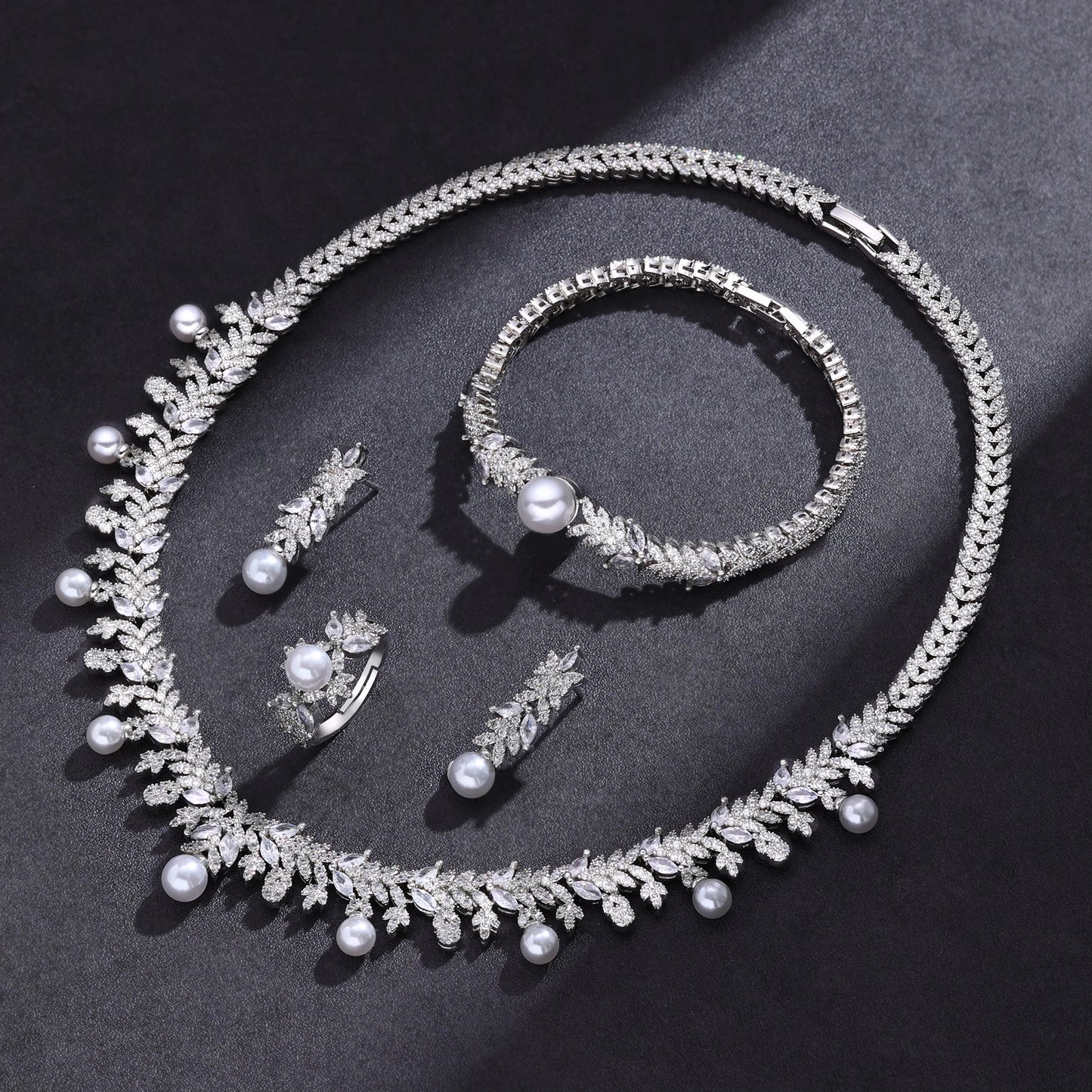 2023 New Cubic zirconia Pearl Necklace Earrings Set of 4 Women's Wedding Party All Zircon Dubai Bridal Jewelry Set Gift