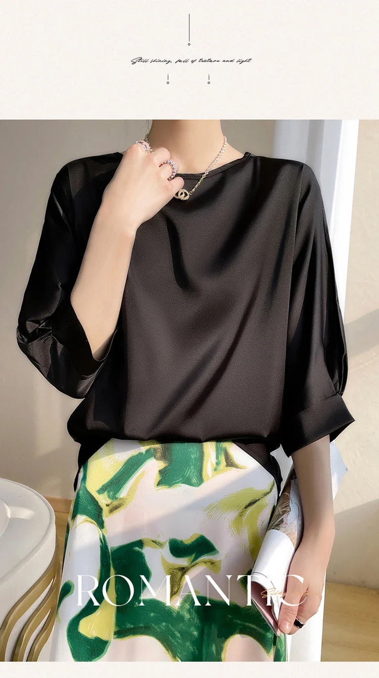 2026 New In Summer Satin Silk Half-Sleeve Tee Tops Basic Solid Women‘s T-Shirt Casual O-neck Thin Shirts Ladies Loose Blouses