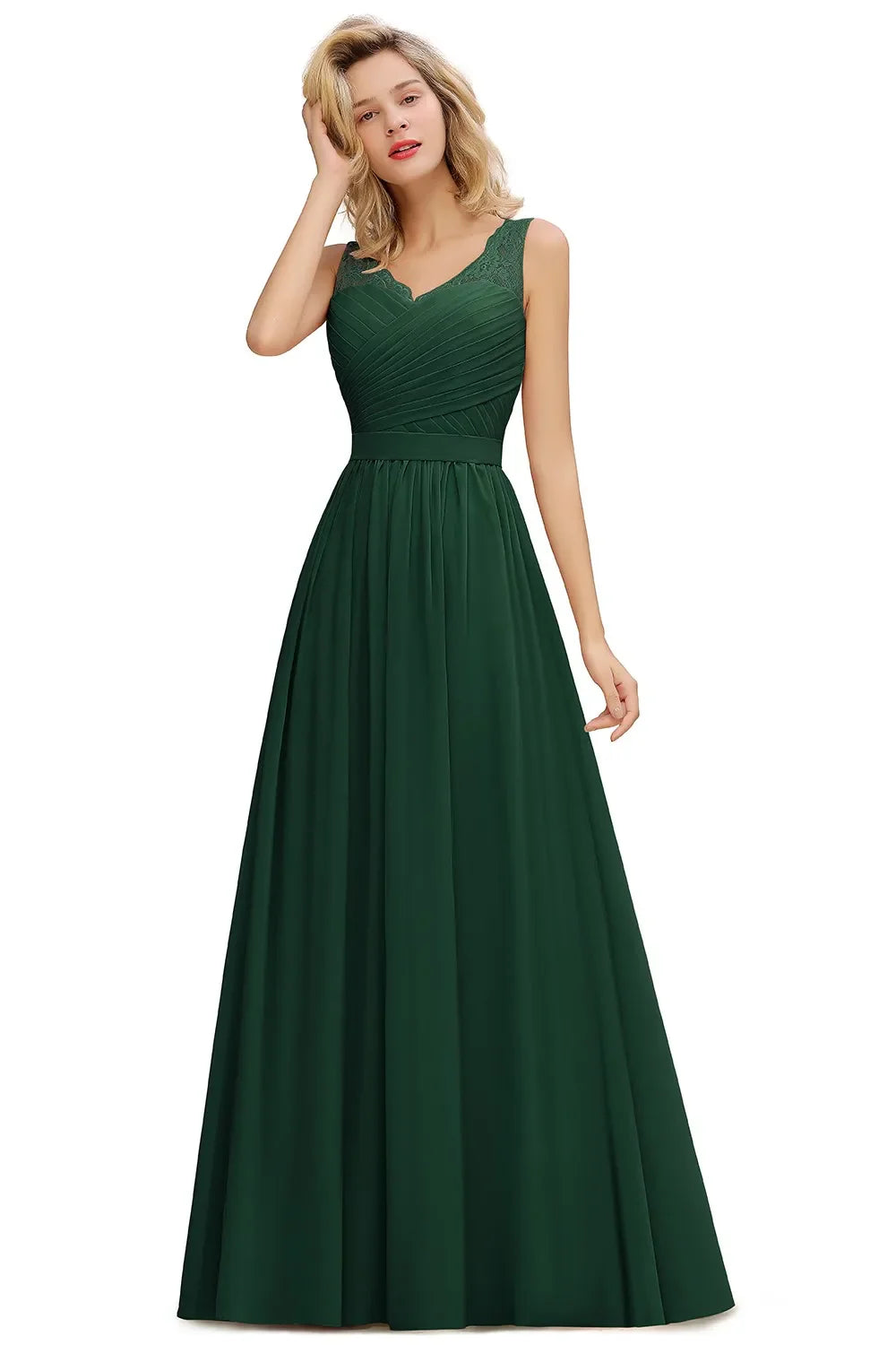 Elegant Bridesmaid Dress Pleated Bodice See-through Lace Cap Sleeves Maxi Flowy A-Line Skirt Wedding Party Gown Women