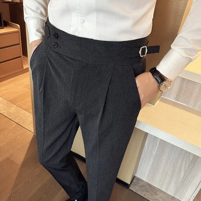 New Spring Autumn High Waist Smart Casual Dress Pants Men Belt Design Slim Suit Pants Formal Wedding Social Party Mens Trousers